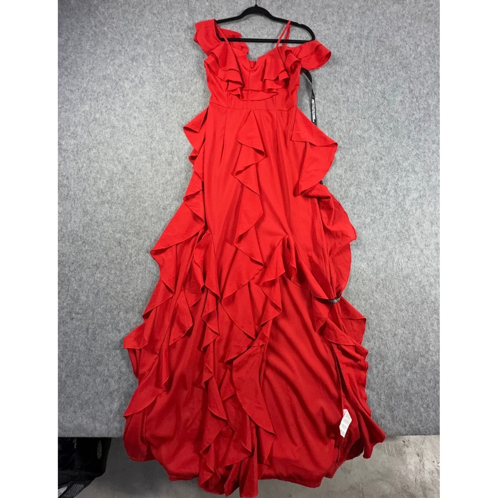 PrettyLittleThing Red Ruffle Cold Shoulder Maxi Dress Size 4 Formal Evening Gown
